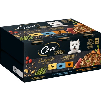 CESAR® NATURAL GOODNESS™ Casserole in Sauce mit Huhn, Fisch, Truthahn, mit Vollkorn und Superfoods, Multipack, Dose